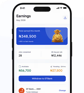 Mobile screen showing May 2026 earnings, total ₦348,500, 28 jobs completed, and withdrawal to GTBank option.